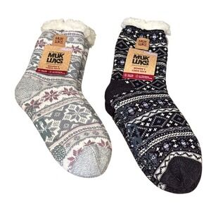 MUK LUKS Womens SZ L/XL Grippy Sherpa Cozy Cabin Fairisle Tall Slipper Socks NEW